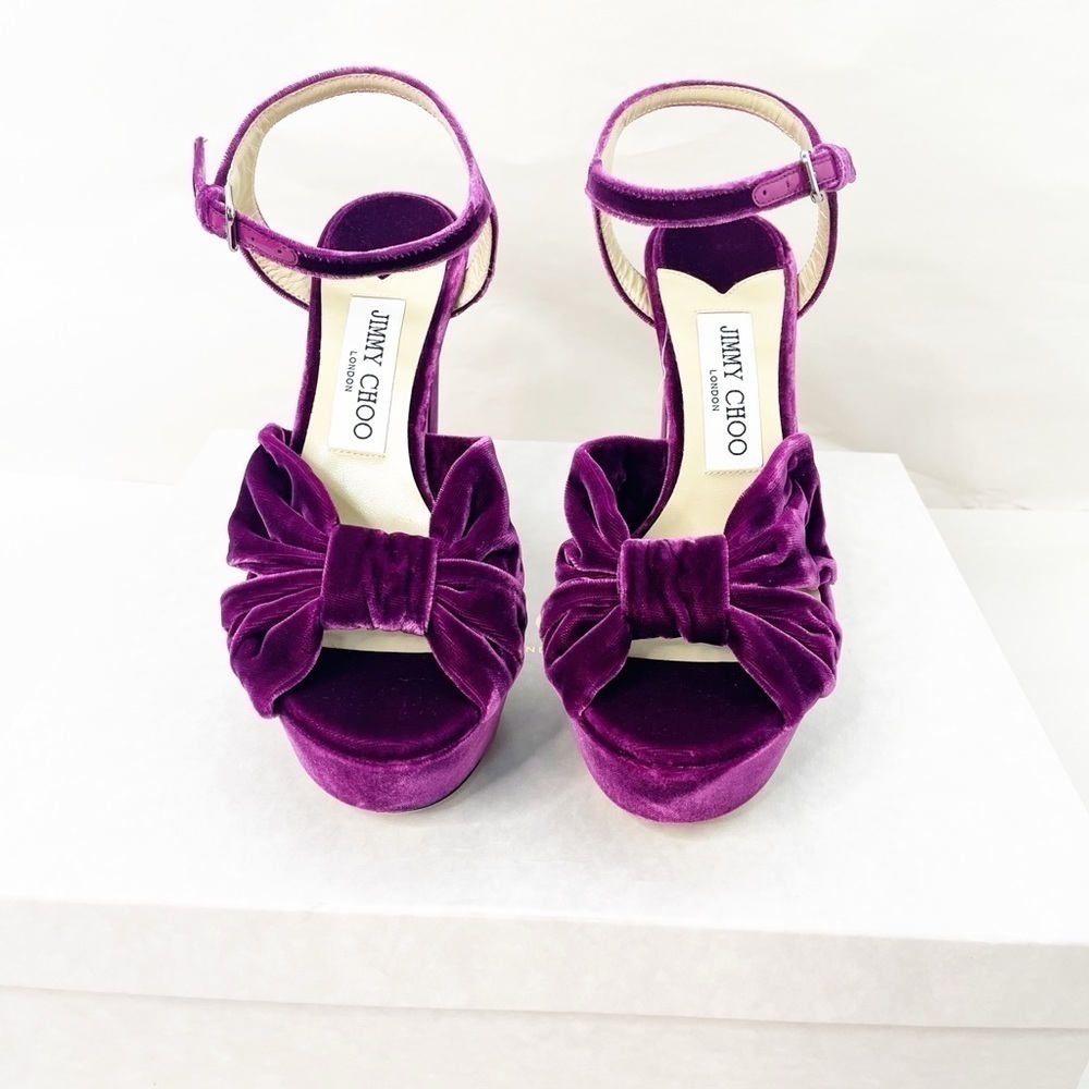 Jimmy Choo Heloise Cassis Velvet Platform Heels - Picture 6 of 11